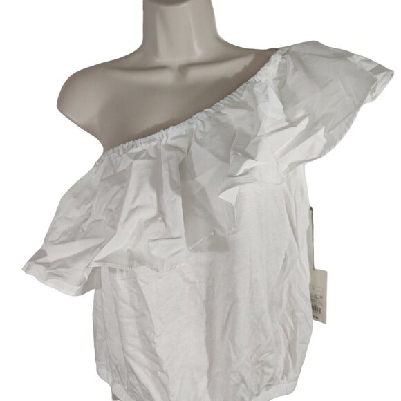 A New Day White One Shoulder Crop Top Women Size L Ruffle Neckline Banded Hem - Picture 2 of 6